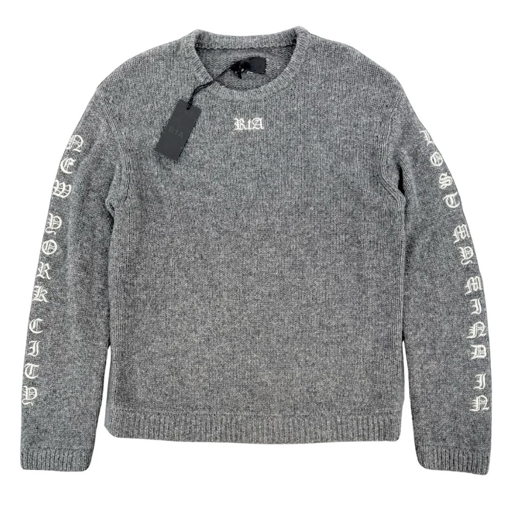 RtA Large Cashmere Embroidered‎ My Mind In New York City Crew Neck Sweater Gray